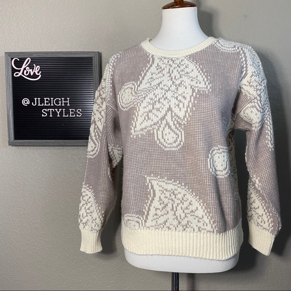 Vintage Taupe Ivory Heavy Leaf Knit Sweater